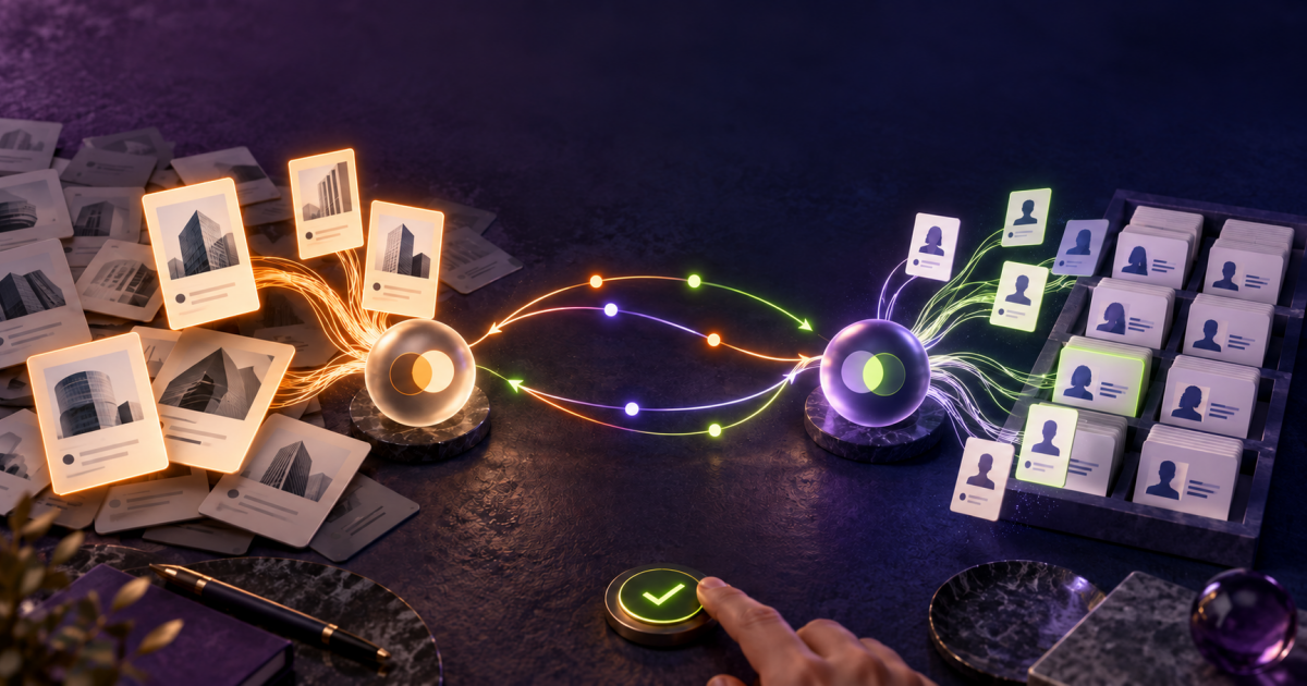 Two connected AI systems pass company information to contact profiles while a person approves the workflow.